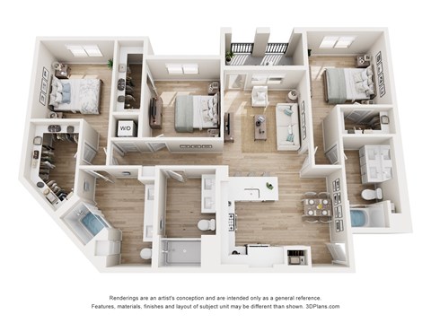 A 3D floor plan of a house with labeled rooms.